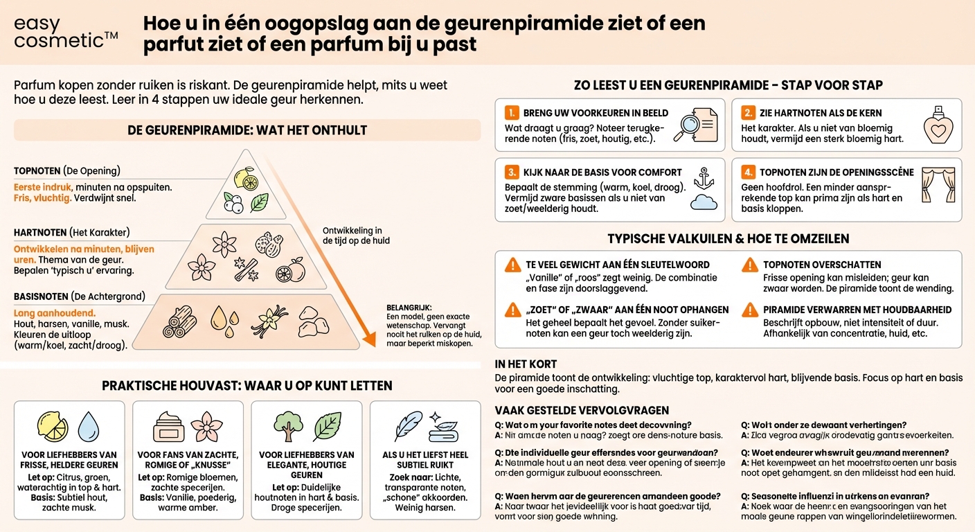 Hoe kan ik aan de geurpiramide van verschillende parfums aflezen of ze mij zouden kunnen bevallen?