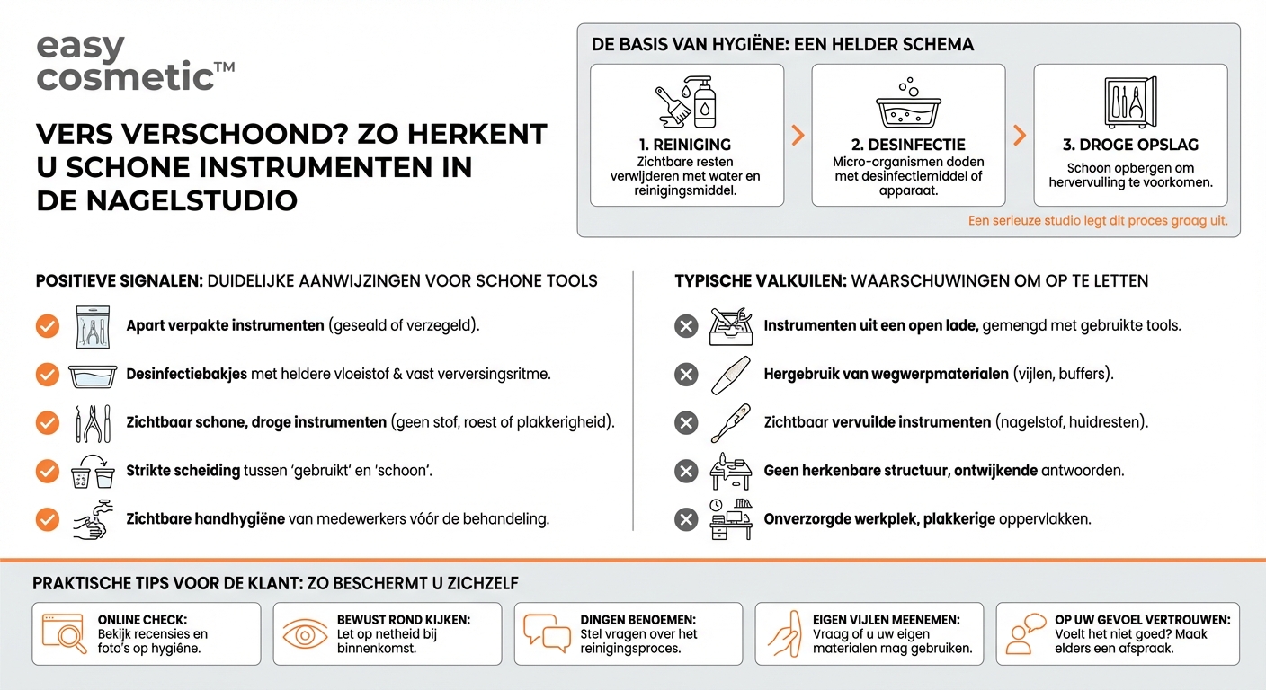 Hoe kan ik als klant herkennen of instrumenten in de nagelstudio pas gedesinfecteerd zijn?