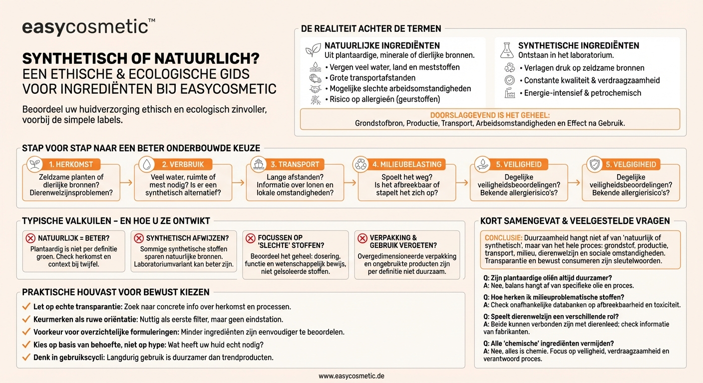 Hoe kan ik bij huidverzorgingsproducten afwegen of synthetische of natuurlijke ingrediënten vanuit ecologisch en ethisch oogpunt beter zijn?