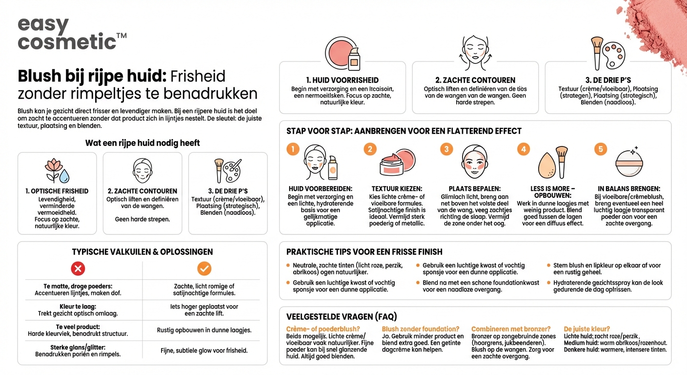 Hoe kan ik blush aanbrengen bij een rijpere huid zonder lijntjes extra te benadrukken?