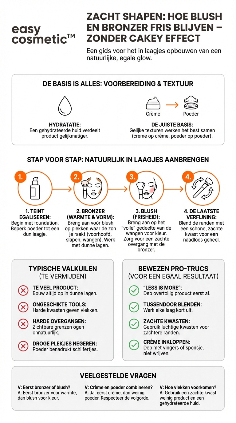 Hoe kan ik blush en bronzer in laagjes aanbrengen zonder dat de make-up cakey oogt?