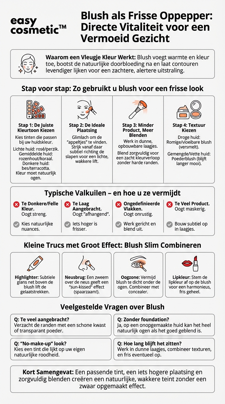 Hoe kan ik blush gebruiken om een vermoeid gezicht frisser te laten lijken?