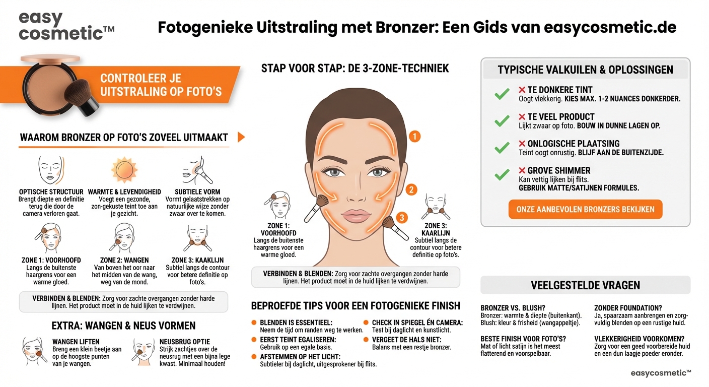 Hoe kan ik bronzer gebruiken om mijn gezicht fotogenieker te laten lijken voor foto’s of events?