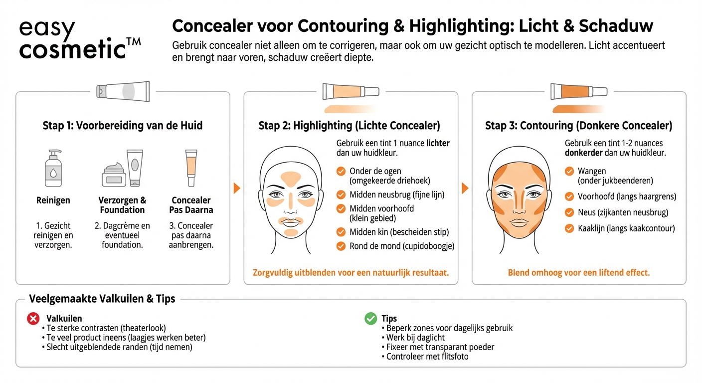 Hoe kan ik concealer gebruiken om het gezicht te contouren of te highlighten?