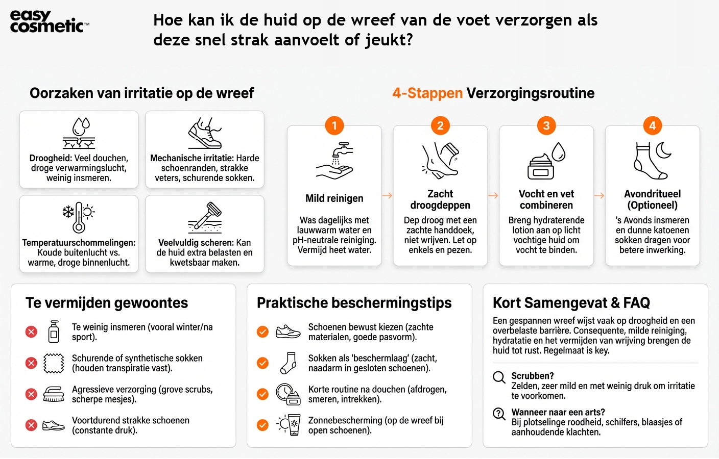 Hoe kan ik de huid op de wreef van de voet verzorgen als deze snel strak aanvoelt of jeukt?