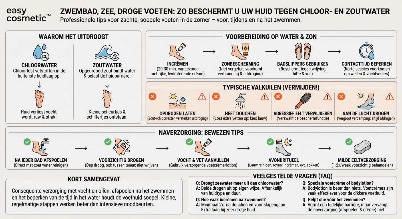 Hoe kan ik de huid op mijn voeten beschermen tegen uitdroging door chloor- of zout water?