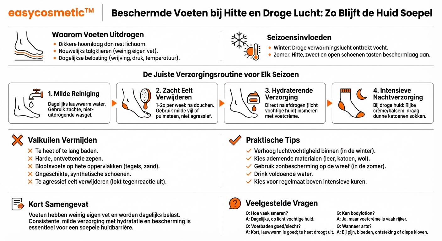 Hoe kan ik de huid van mijn voeten beschermen tegen uitdroging door verwarmingslucht of zomerse hitte?