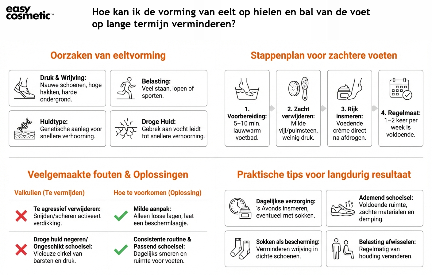 Hoe kan ik de vorming van eelt op hielen en bal van de voet op lange termijn verminderen?