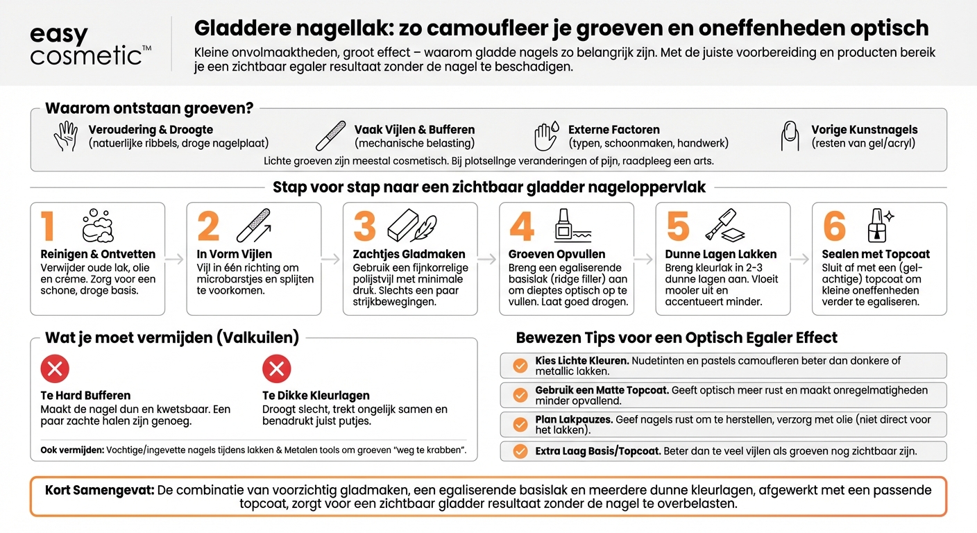 Hoe kan ik groefjes of oneffenheden in de nagel vóór het lakken optisch egaliseren?