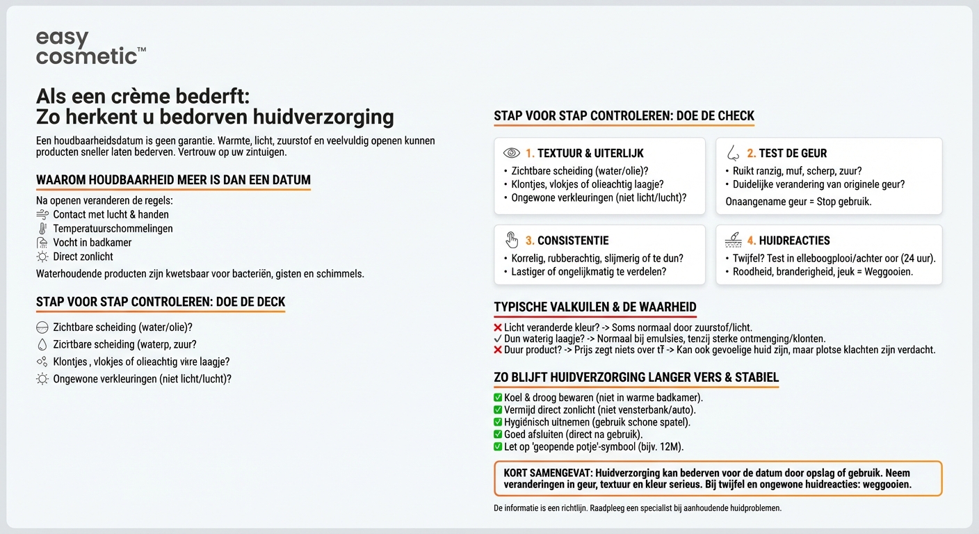 Hoe kan ik herkennen of een huidverzorgingsproduct ondanks een niet verstreken THT al bedorven is?