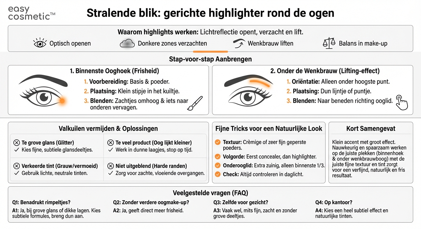 Hoe kan ik highlighter rondom de ogen gebruiken (bijv. in de ooghoek of onder de wenkbrauw)?