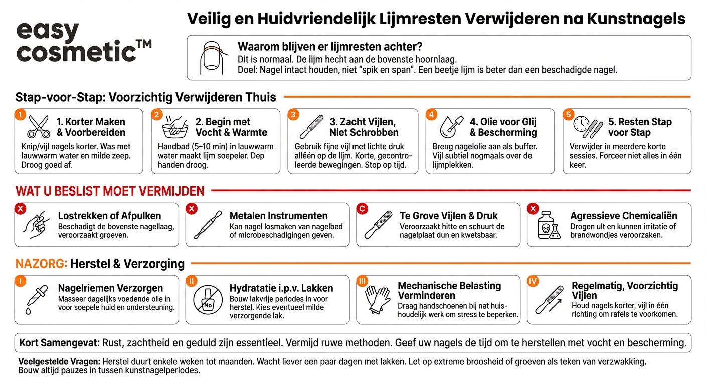 Hoe kan ik lijmresten na het verwijderen van kunstnagels veilig oplossen?
