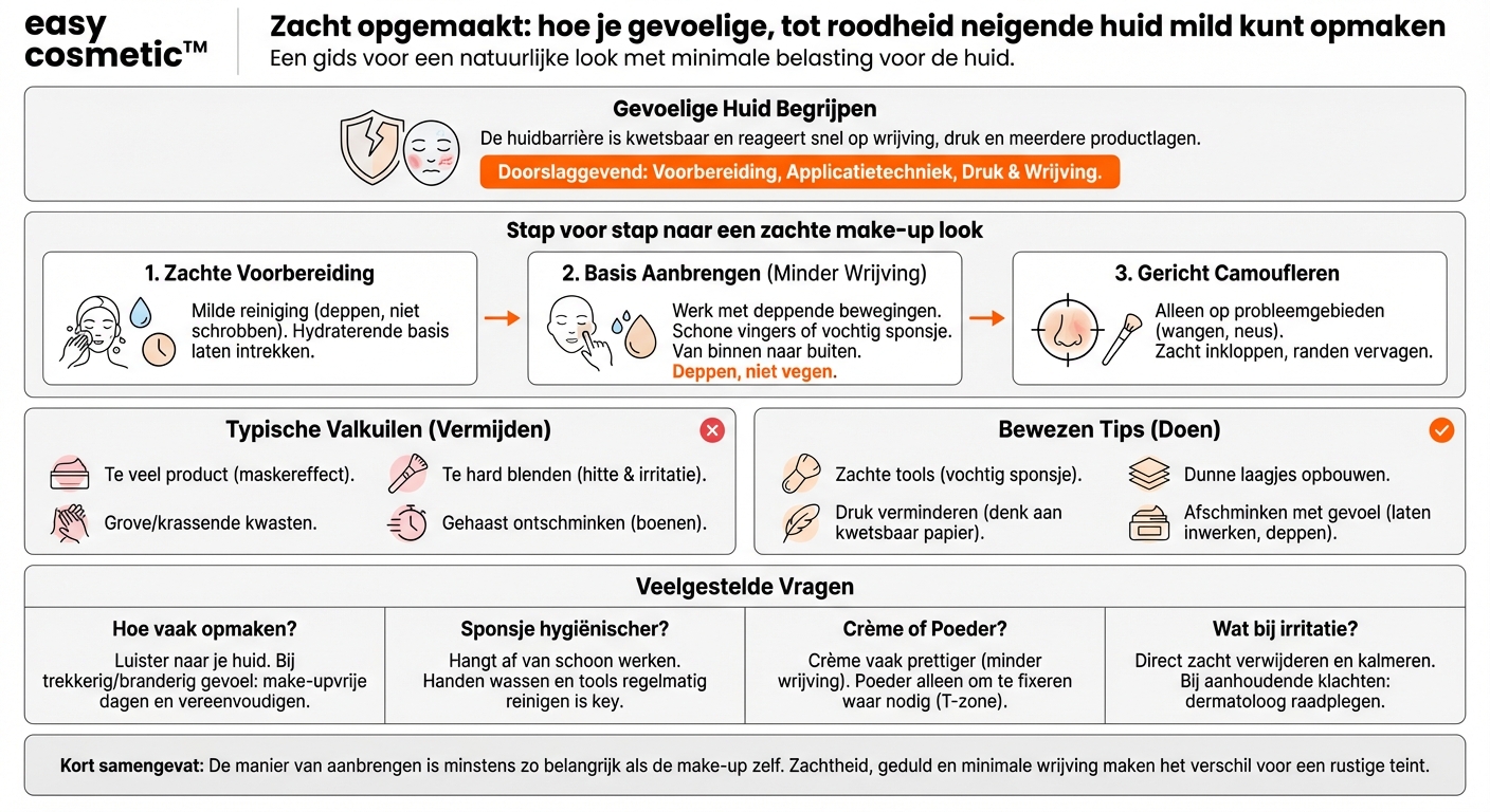 Hoe kan ik make-up voorzichtig aanbrengen op een zeer gevoelige huid of een huid die snel rood wordt?