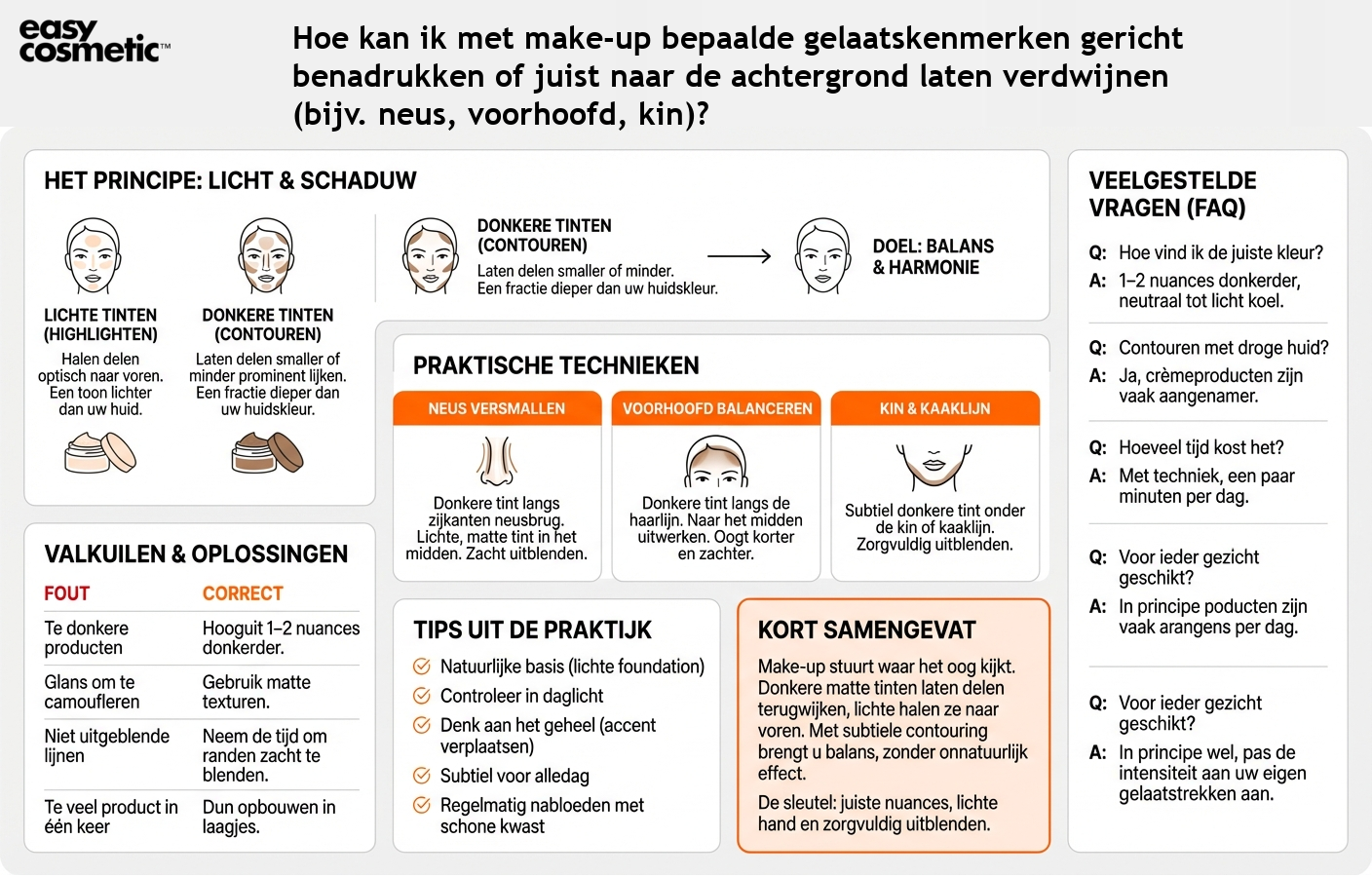 Hoe kan ik met make-up bepaalde gelaatskenmerken gericht benadrukken of juist naar de achtergrond laten verdwijnen (bijv. neus, voorhoofd, kin)?