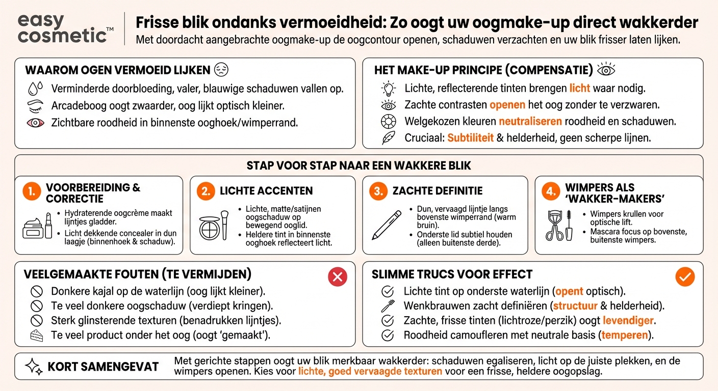 Hoe kan ik met oogmake-up een frisse, wakkere look creëren bij vermoeide ogen?