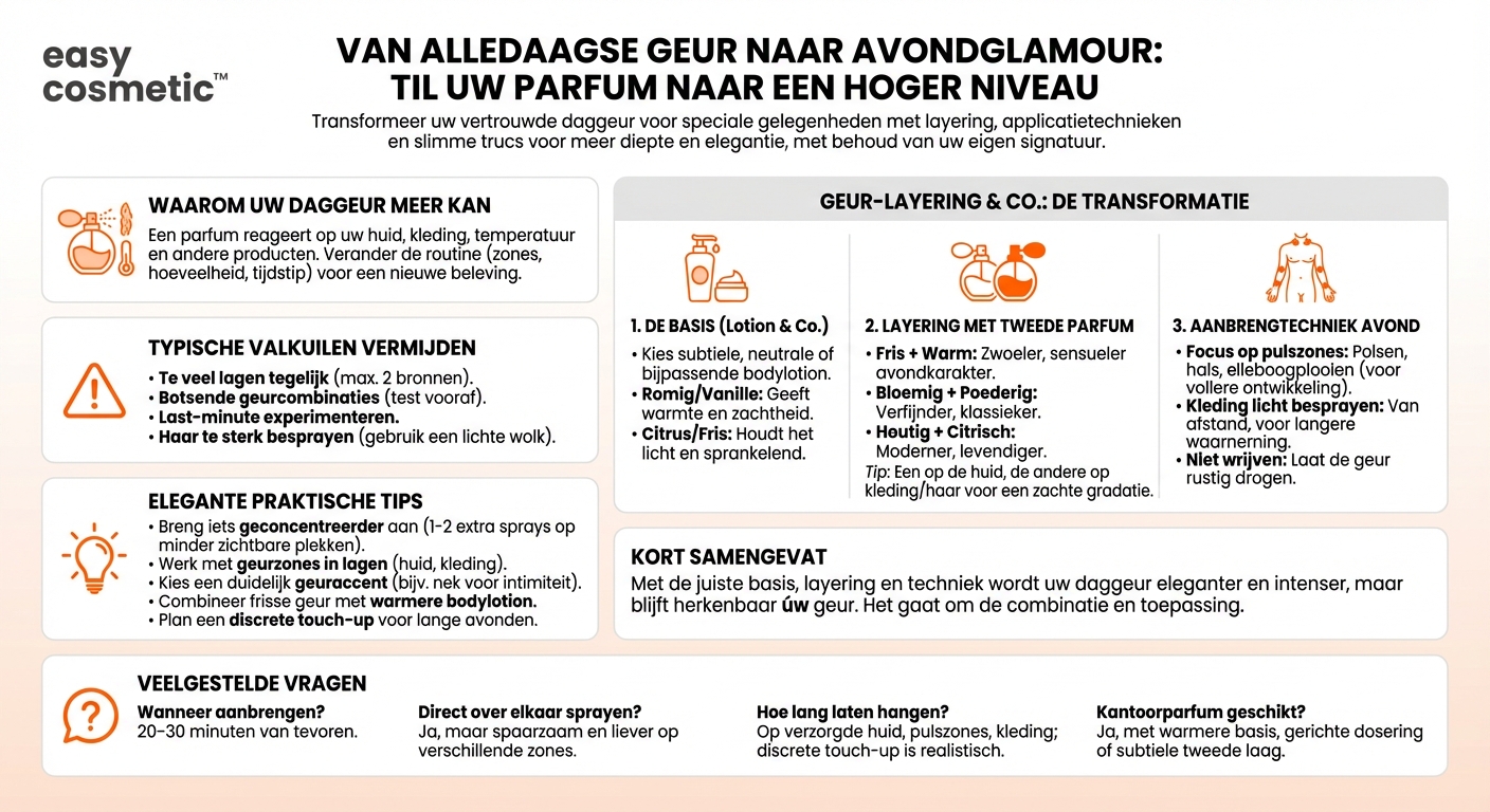 Hoe kan ik mijn alledaagse parfum ‘upgraden’ voor een speciale avond, bijvoorbeeld door layering?