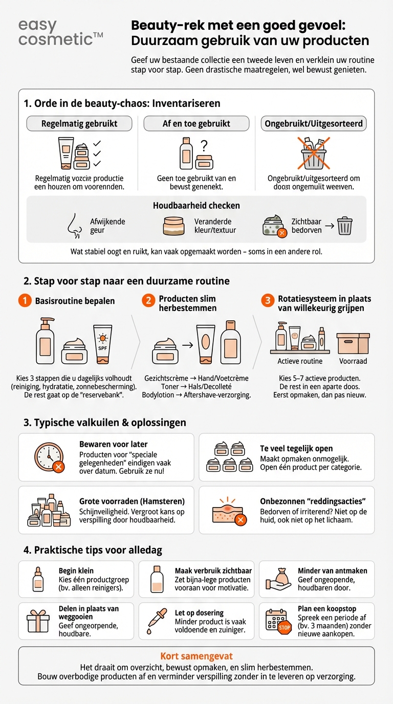 Hoe kan ik mijn bestaande productcollectie duurzamer gebruiken zonder alles gewoon weg te gooien en opnieuw te kopen?