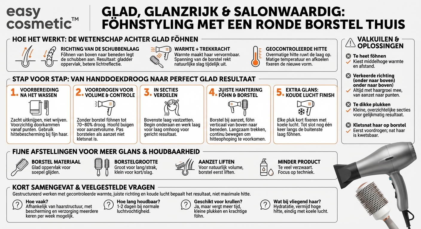 Hoe kan ik mijn haar met föhn en ronde borstel glad en glanzend stylen?