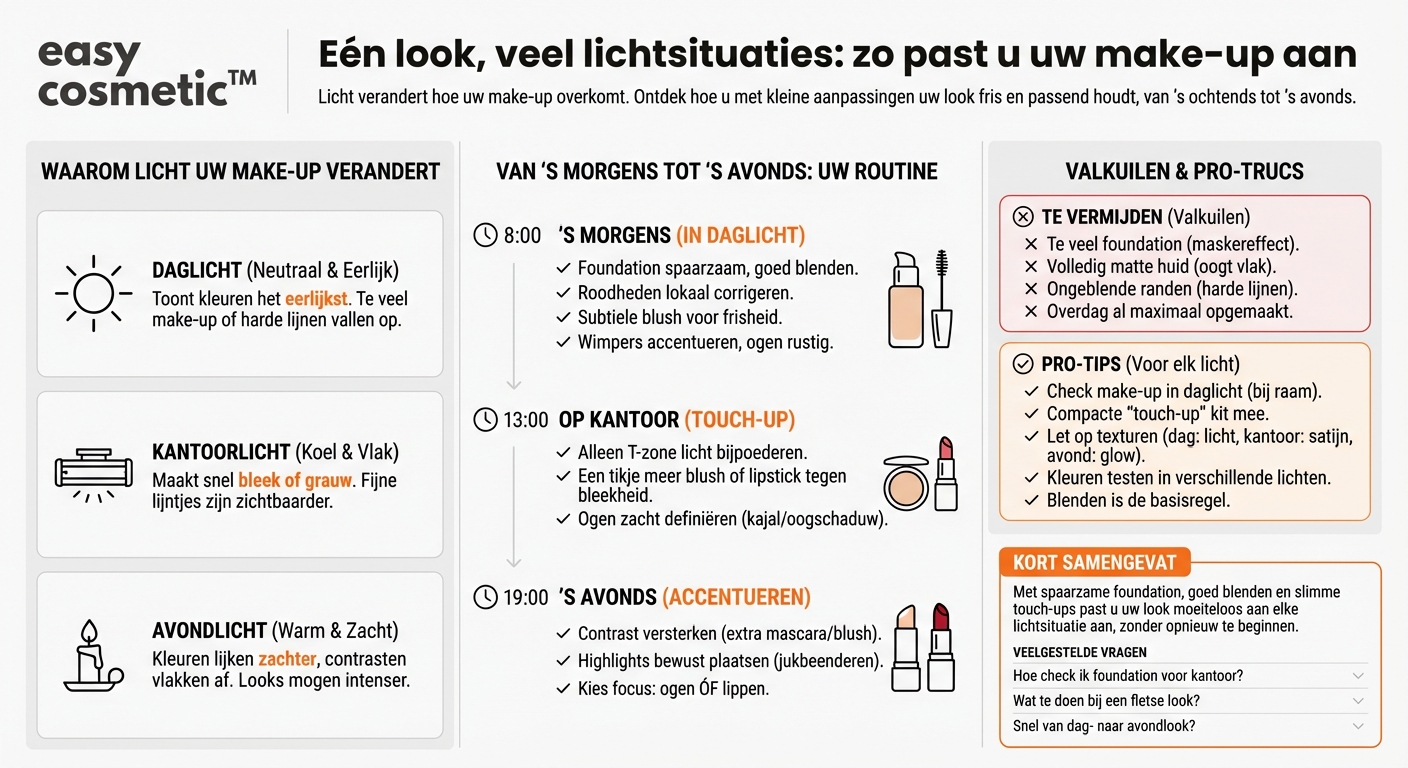 Hoe kan ik mijn make-up met een paar eenvoudige stappen zo aanpassen dat het er in verschillend licht (daglicht, kantoor, avond) goed uitziet?