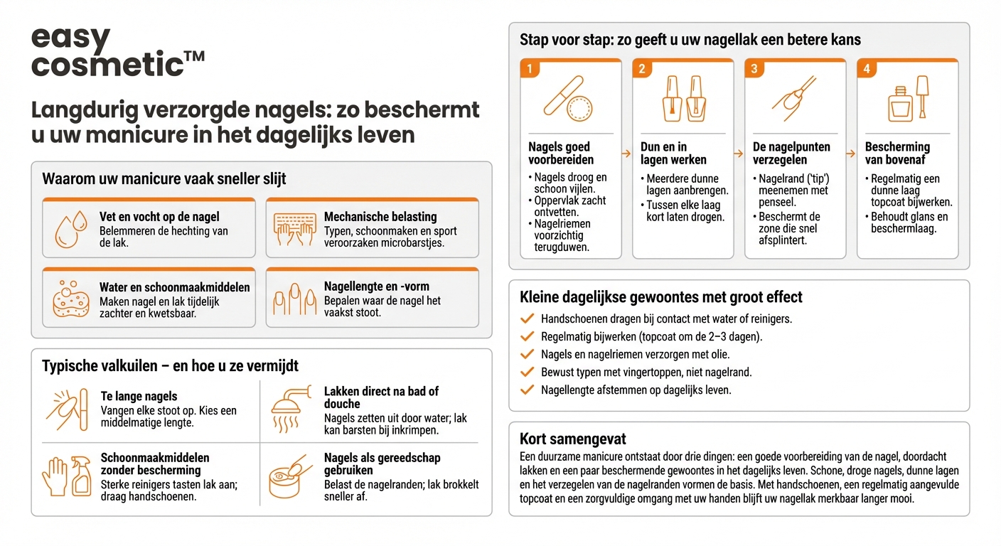 Hoe kan ik mijn manicure in het dagelijks leven beschermen tegen krassen en afbrokkelen?