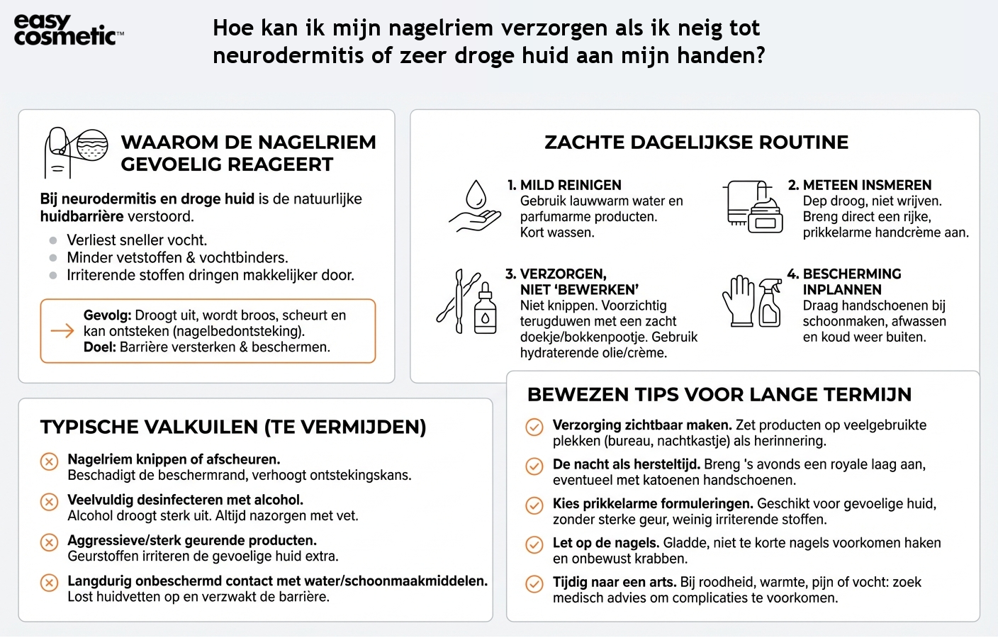 Hoe kan ik mijn nagelriem verzorgen als ik neig tot neurodermitis of zeer droge huid aan mijn handen?