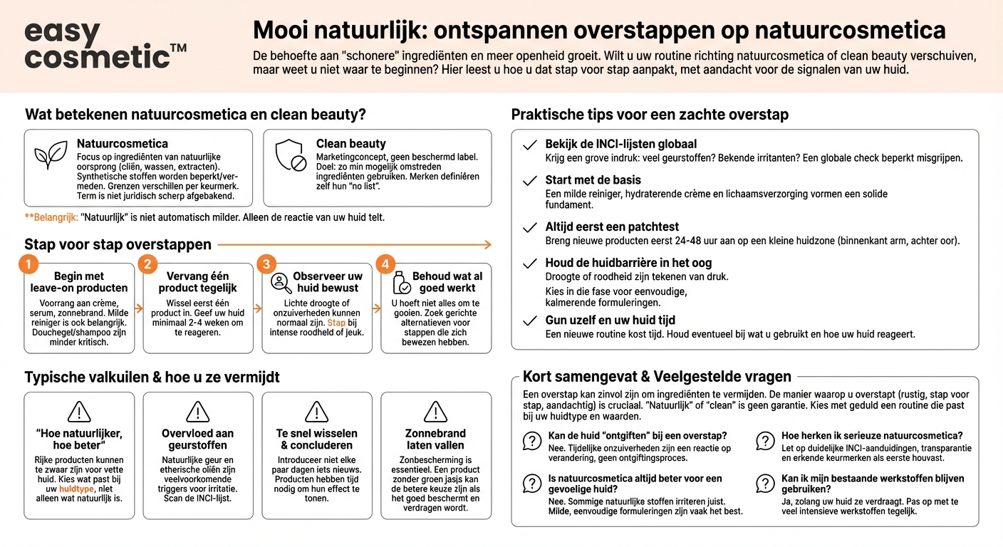 Hoe kan ik mijn routine aanpassen als ik wil overstappen op natuurlijke cosmetica of clean beauty?