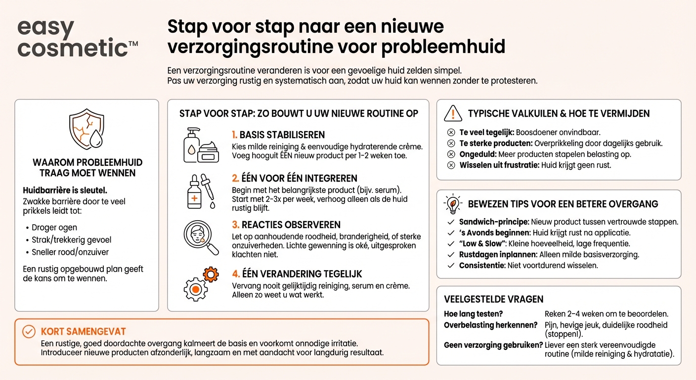 Hoe kan ik mijn verzorgingsroutine bij een probleemhuid stap voor stap aanpassen zonder de huid te overbelasten?