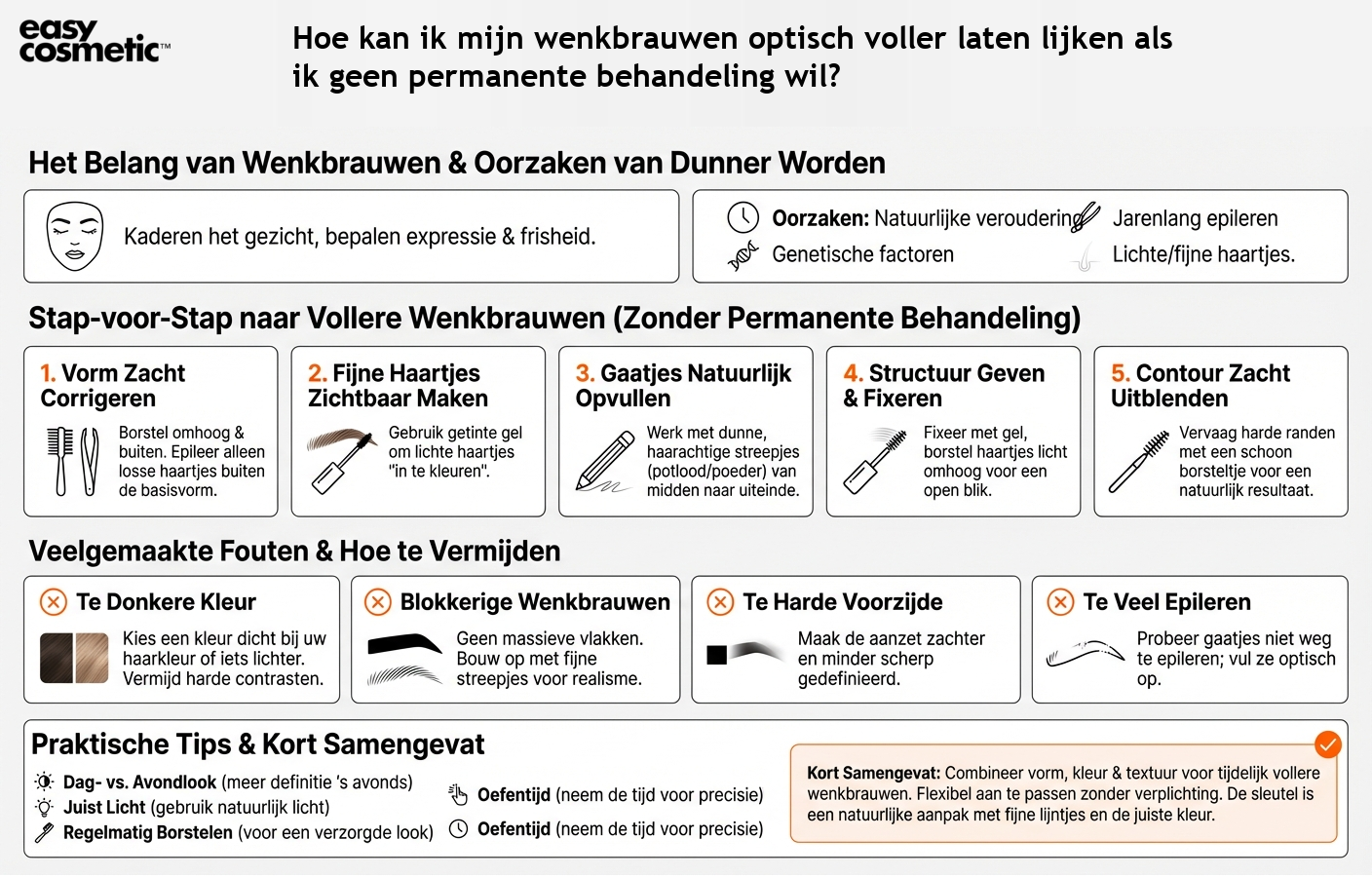 Hoe kan ik mijn wenkbrauwen optisch voller laten lijken als ik geen permanente behandeling wil?
