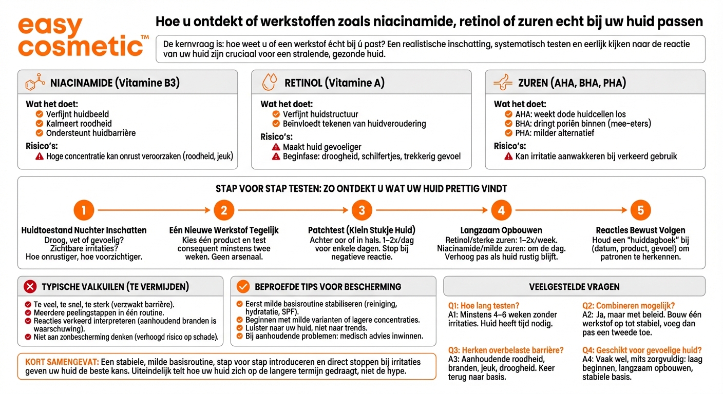 Hoe kan ik ontdekken of afzonderlijke werkstoffen zoals niacinamide, retinol of zuren geschikt zijn voor mijn huid?