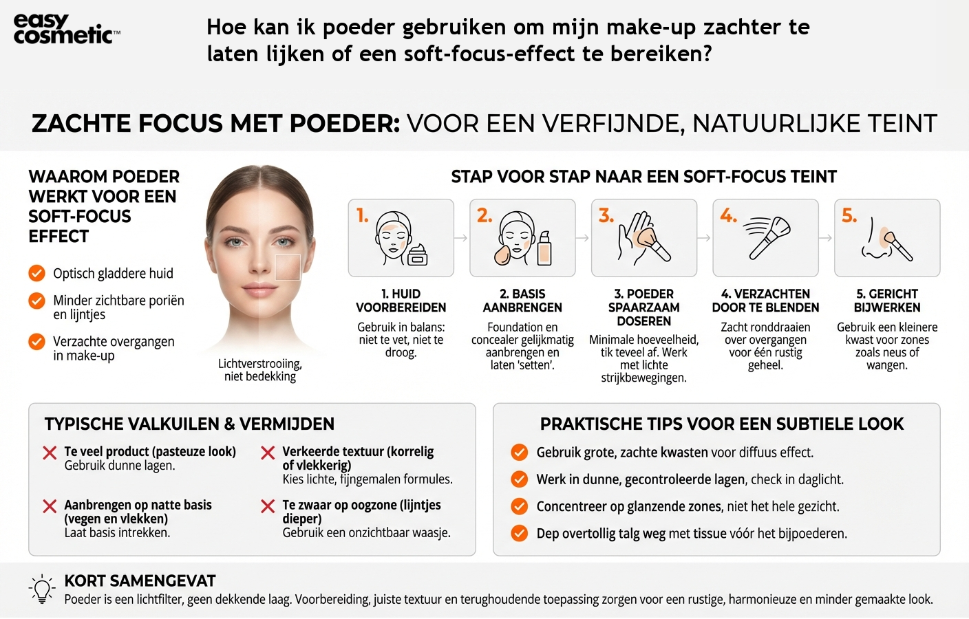 Hoe kan ik poeder gebruiken om mijn make-up zachter te laten lijken of een soft-focus-effect te bereiken?
