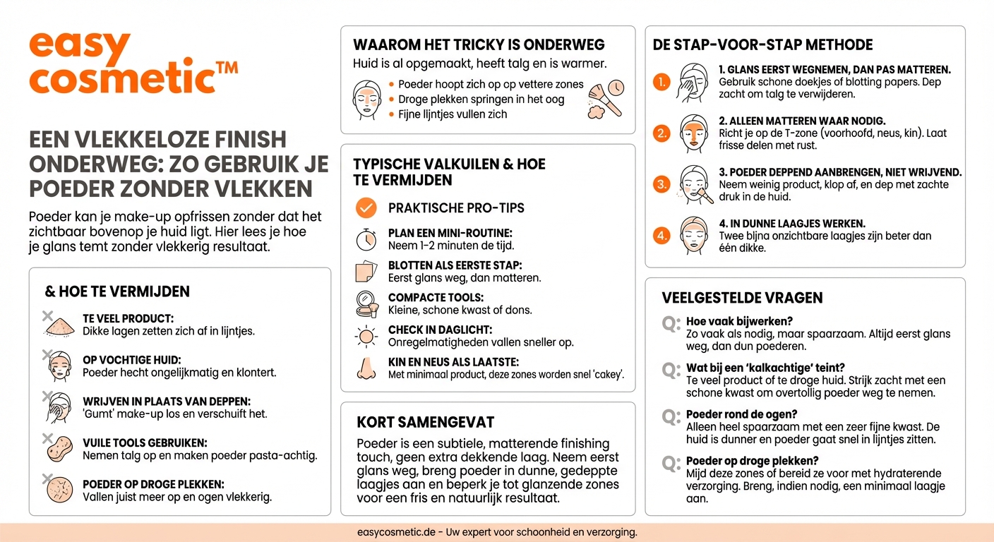 Hoe kan ik poeder onderweg gebruiken om mijn make-up op te frissen zonder vlekkerig te worden?