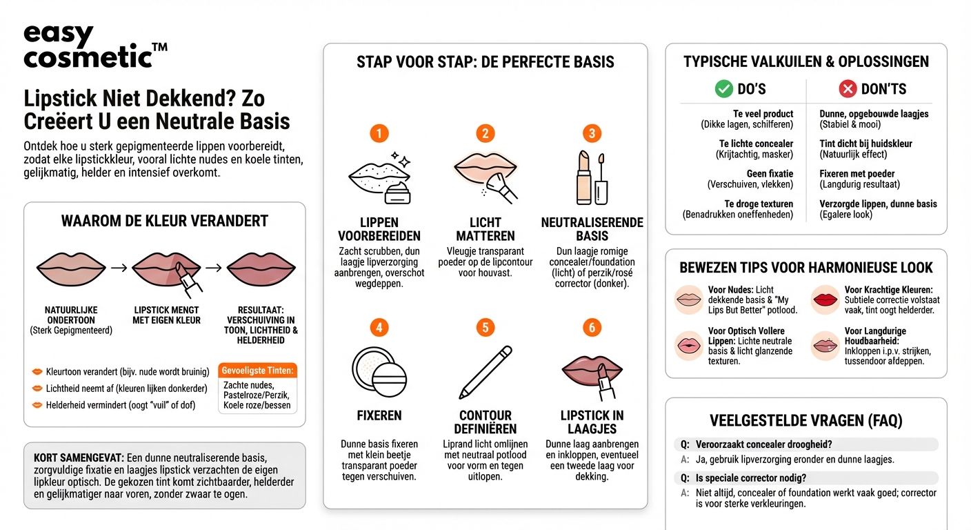 Hoe kan ik sterk gepigmenteerde lippen neutraliseren zodat de lipstickkleur beter tot zijn recht komt?