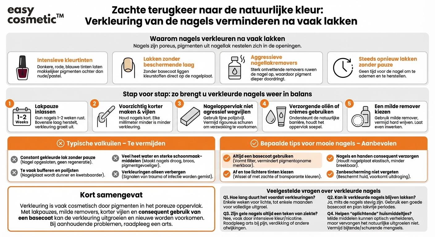 Hoe kan ik verkleuringen van de nagels na veelvuldig lakken verminderen?