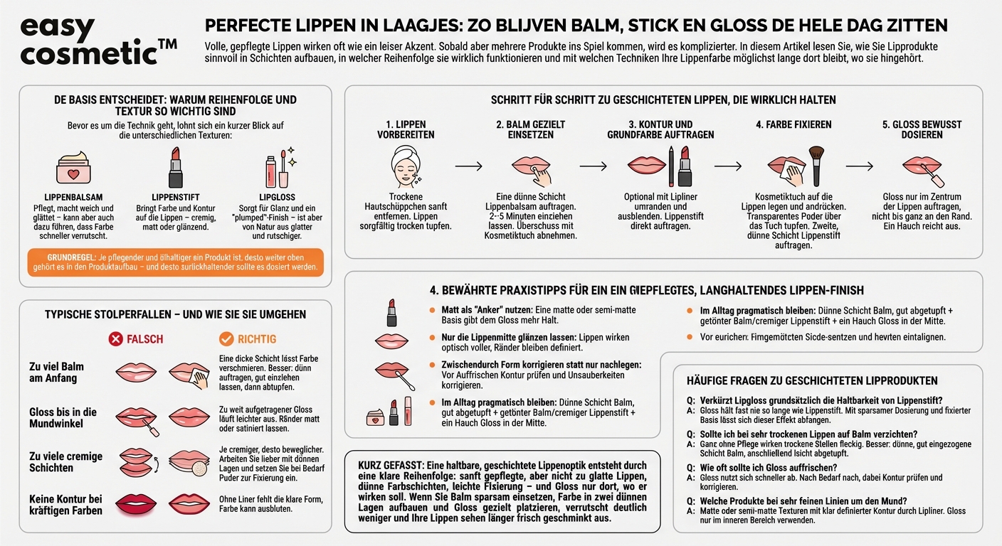 Hoe kan ik verschillende lipproducten (balm, lipstick, gloss) in laagjes aanbrengen zonder dat alles verschuift?