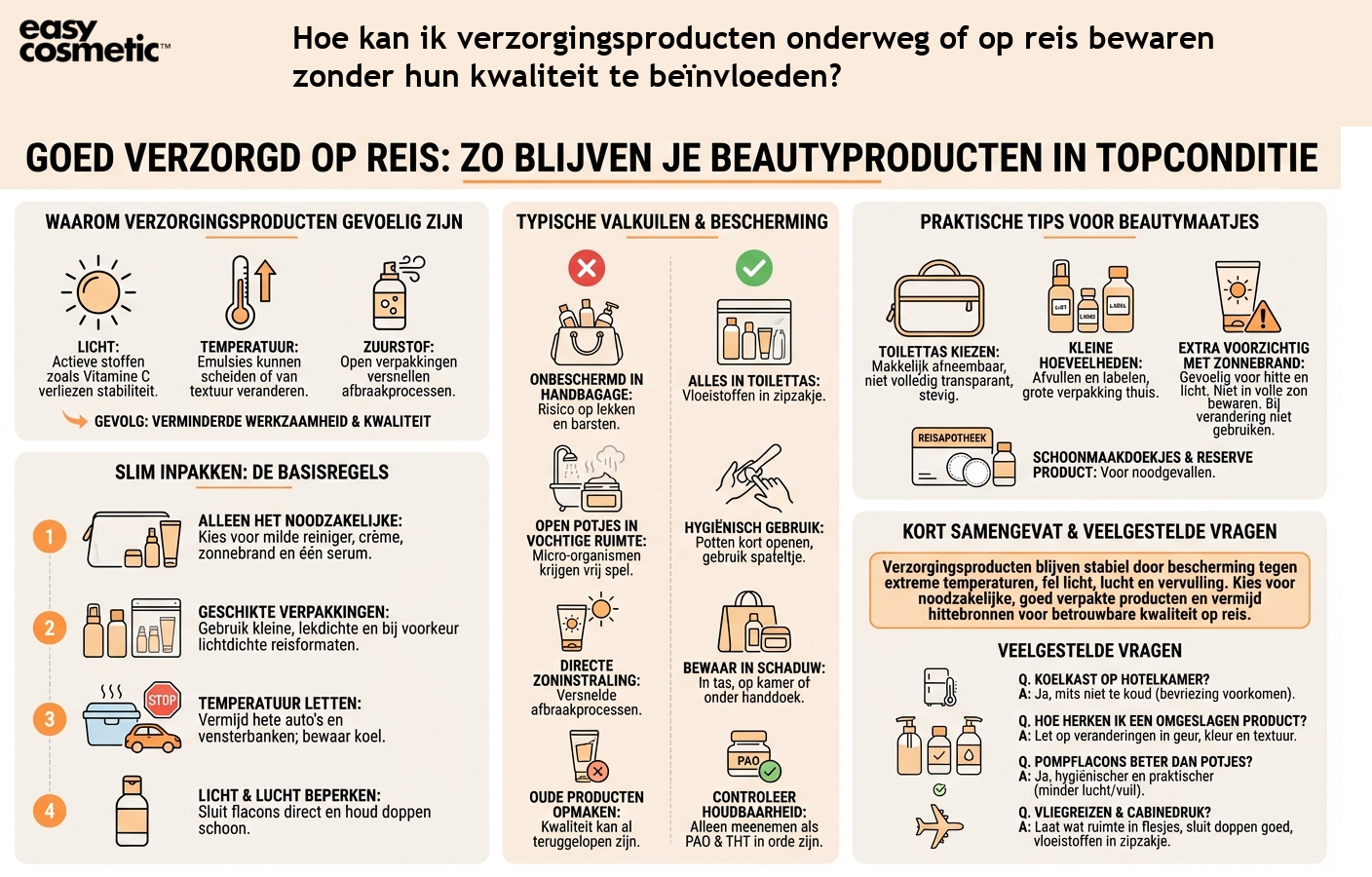 Hoe kan ik verzorgingsproducten onderweg of op reis bewaren zonder hun kwaliteit te beïnvloeden?