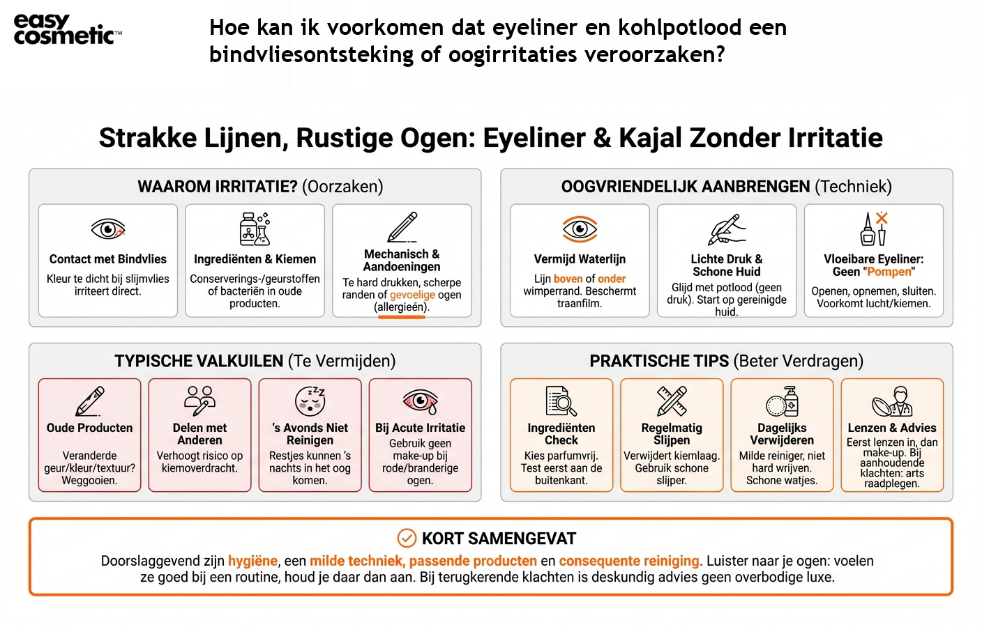 Hoe kan ik voorkomen dat eyeliner en kohlpotlood een bindvliesontsteking of oogirritaties veroorzaken?