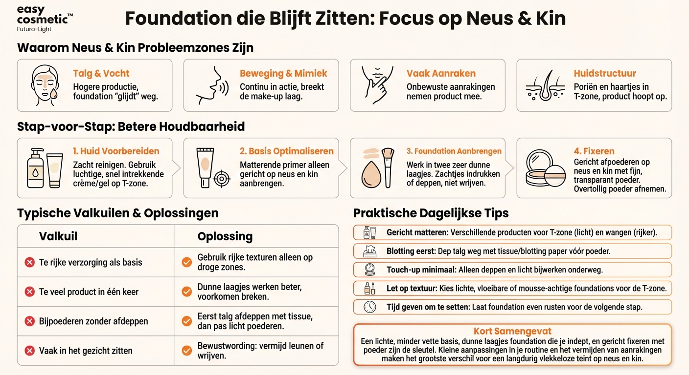 Hoe kan ik voorkomen dat foundation op mijn neus of kin snel verdwijnt?