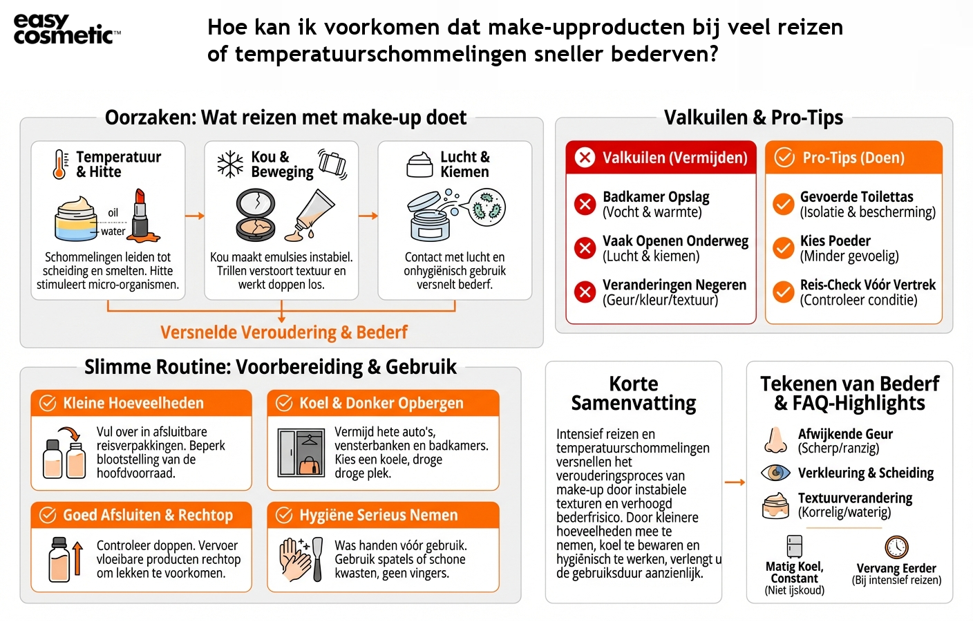 Hoe kan ik voorkomen dat make-upproducten bij veel reizen of temperatuurschommelingen sneller bederven?