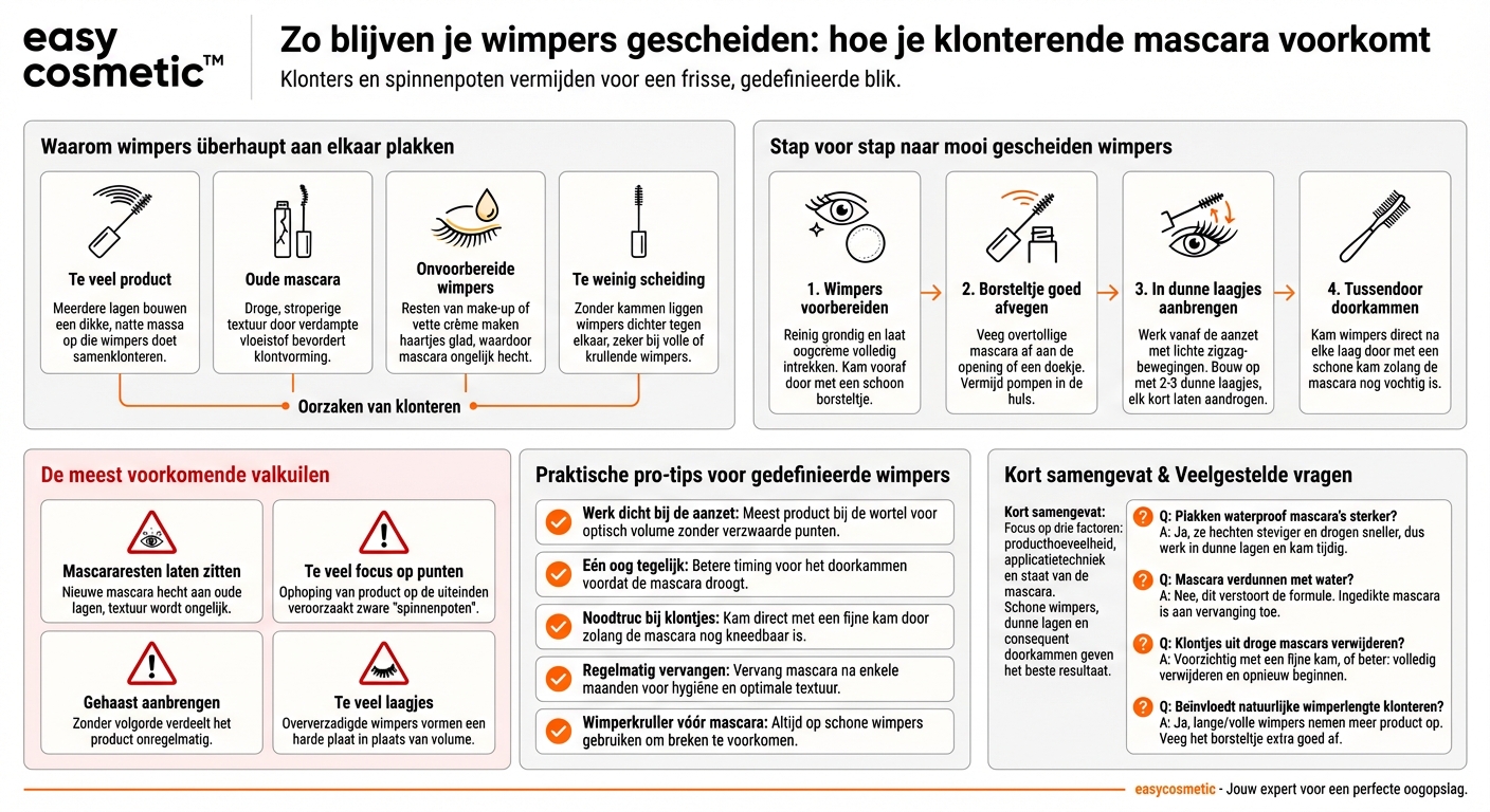 Hoe kan ik voorkomen dat mijn wimpers na het aanbrengen van mascara aan elkaar kleven?