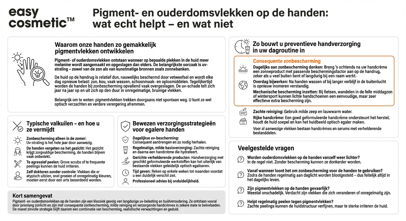 Hoe kan men pigment- of ouderdomsvlekken op de handen verzorgend behandelen of voorkomen?