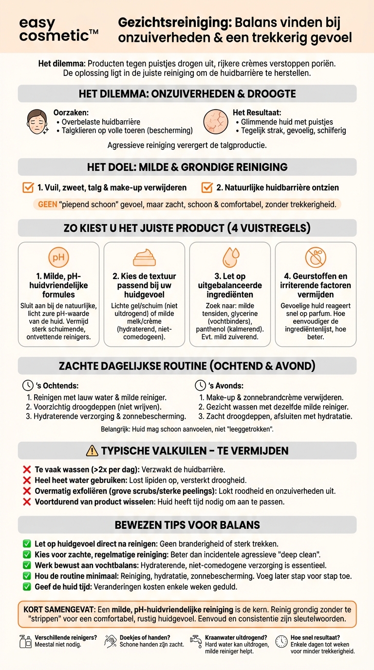 Hoe kies ik een geschikte gezichtsreiniger als ik zowel onzuiverheden als een trekkerig, droog gevoel heb?