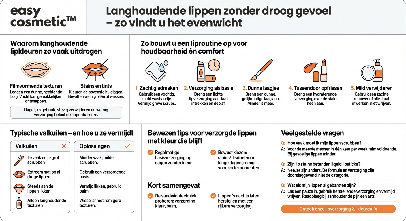 Hoe krijg ik langdurige lippen zonder uitdroging (liquid lipsticks, stains etc.)?