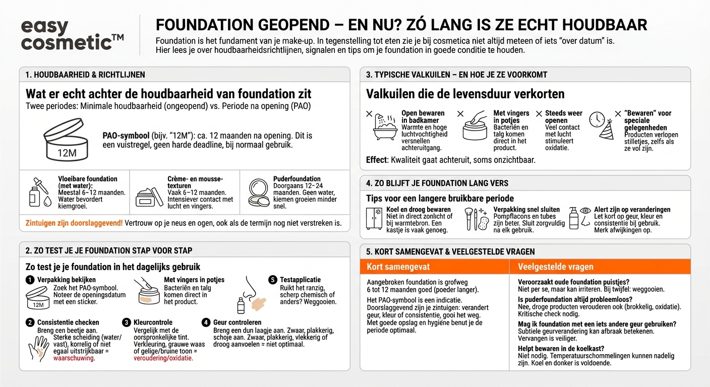 Hoe lang is een geopende foundation houdbaar en waaraan herken ik dat ze niet meer goed is?