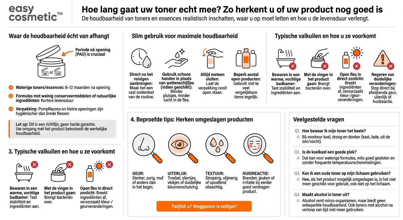 Hoe lang is een toner of essence na opening houdbaar en waaraan herken ik dat het product is omgeslagen?