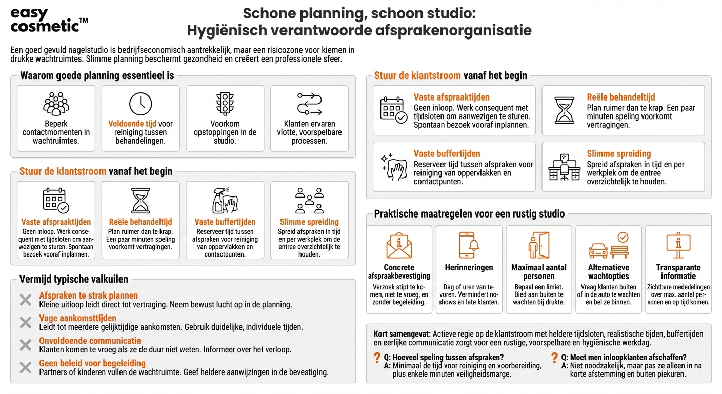 Hoe moet de planning van afspraken in de nagelstudio worden georganiseerd om wachtruimtes vanuit hygiënisch oogpunt niet te overvol te maken?