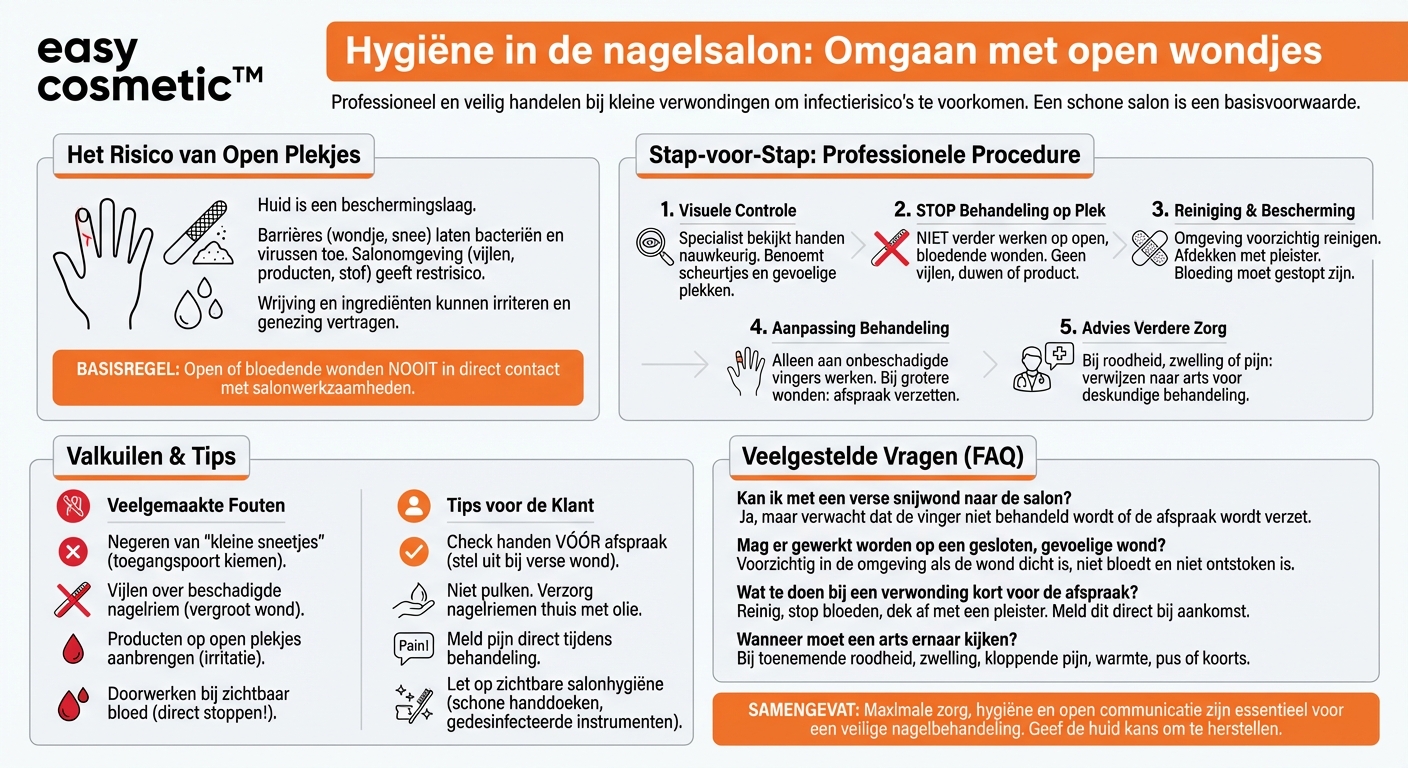 Hoe moet in de salon worden omgegaan met open wonden of verse verwondingen aan handen en nagels?