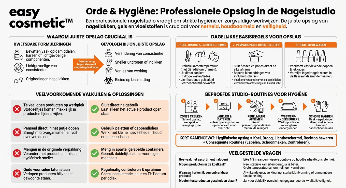 Hoe moeten nagellakken, gels en vloeistoffen in de studio worden opgeslagen om hygiënisch te blijven?
