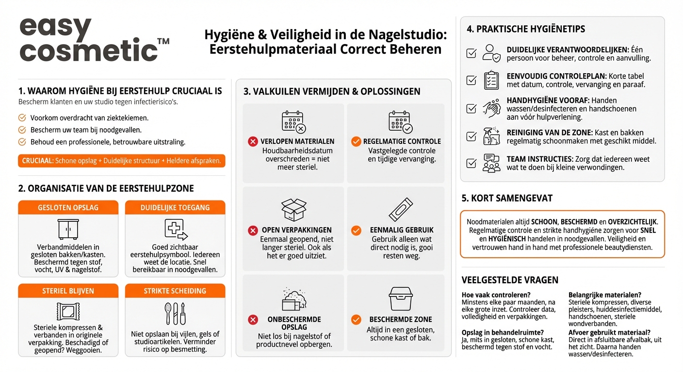 Hoe moeten nood- en EHBO-materialen in de nagelsalon hygiënisch worden bewaard?
