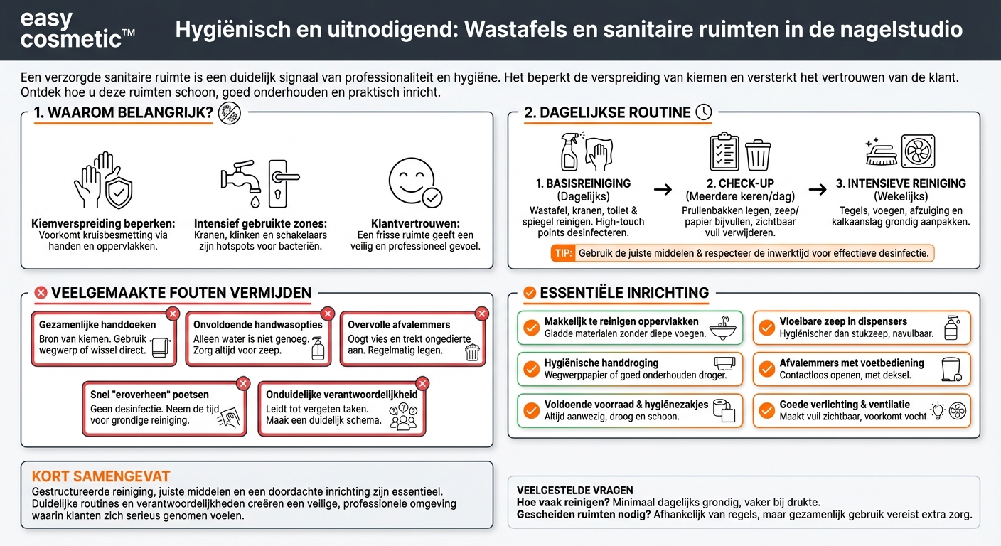 Hoe moeten wastafels en sanitaire ruimtes in de nagelstudio worden gereinigd en uitgerust?