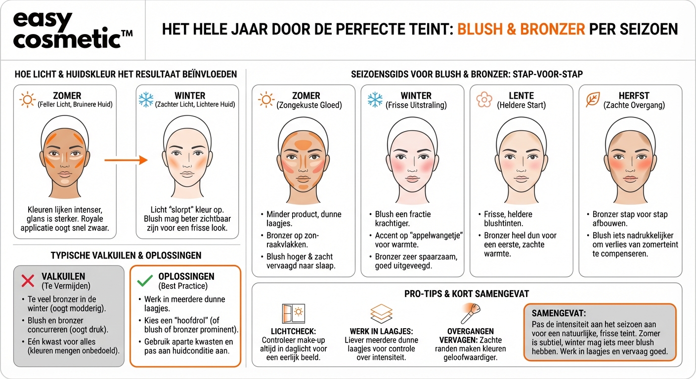 Hoe pas ik de intensiteit van blush en bronzer aan verschillende seizoenen aan?